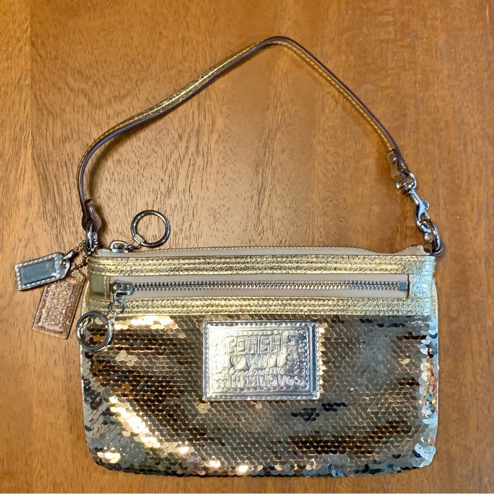 Coach Poppy Gold Sequin Wristlet / small shoulder bag, leopard lining - Picture 9 of 10